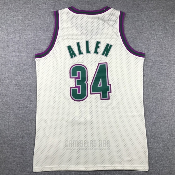 Camiseta Milwaukee Bucks Ray Allen #34 Mitchell & Ness Chainstitch Crema